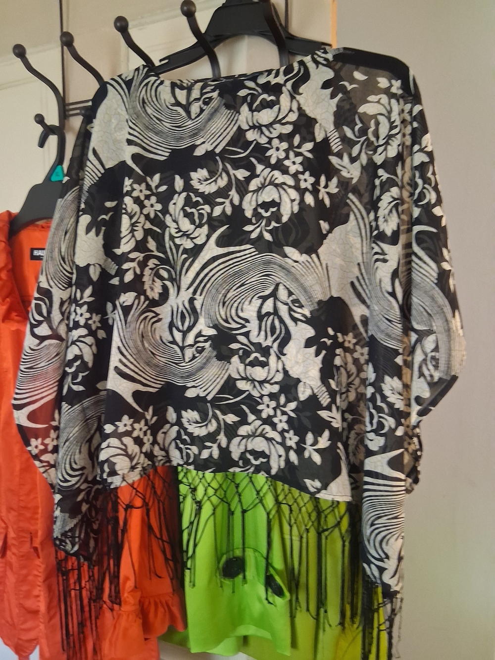 Black & White Floral Fringe Kimono Top